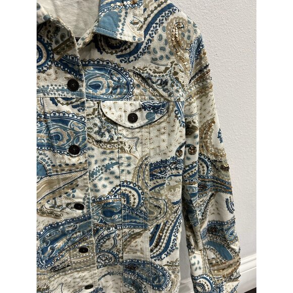 Chicos Paisley Print Cotton Jacket Womens Size S Button Front Beige Blue - Picture 4 of 10